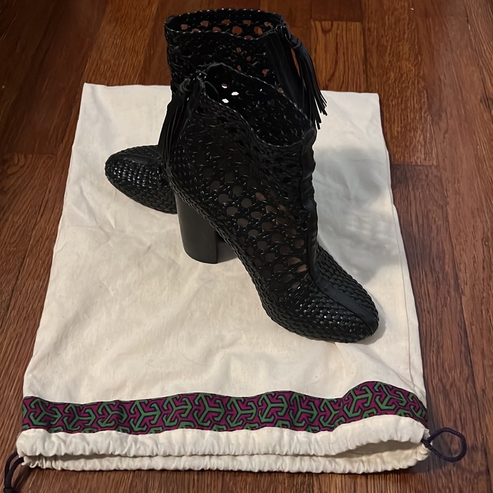 Tory Burch black Grove woven booties